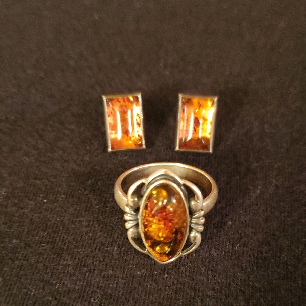 Vintage Amber and Sterling Silver Ring & Earring Set